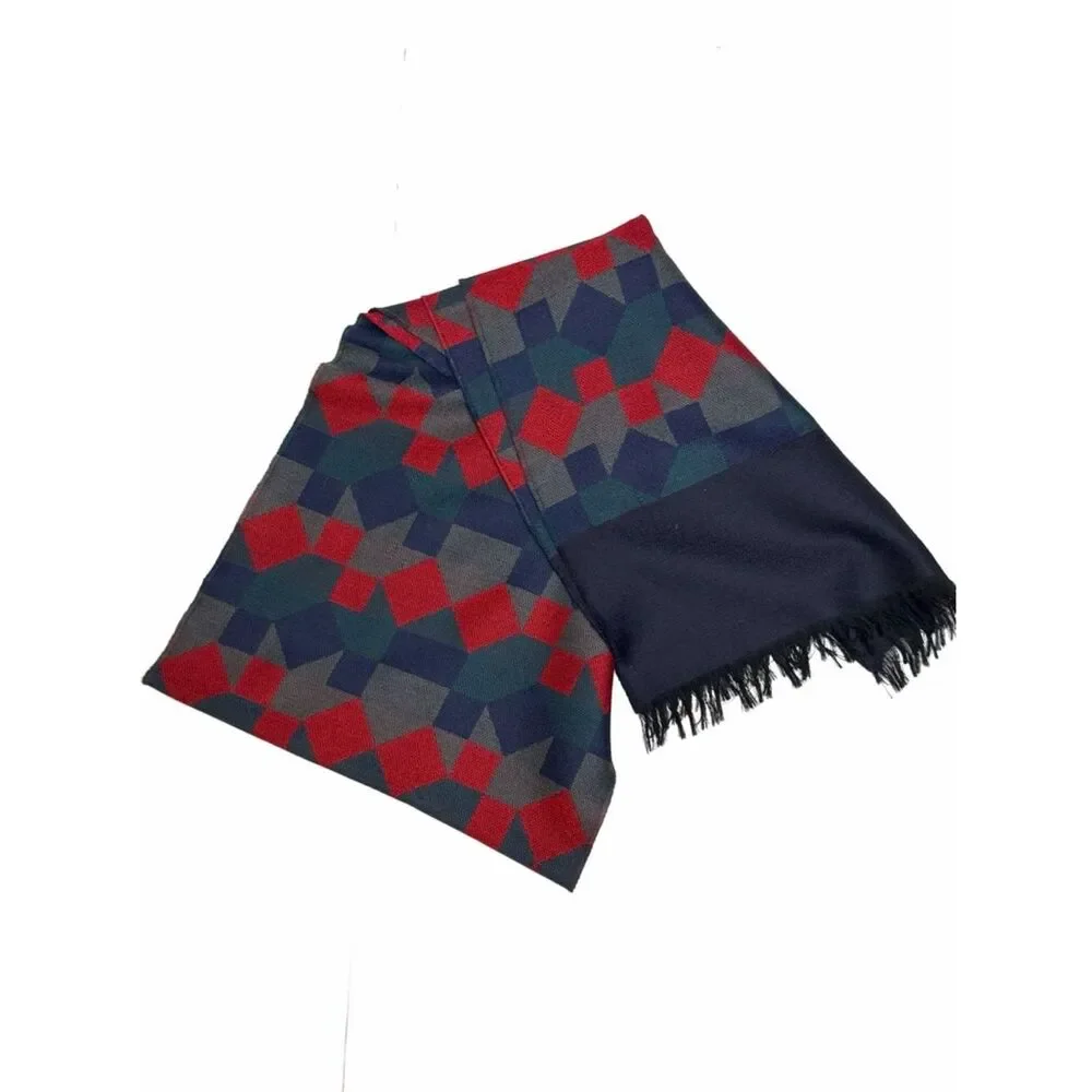 Vintage Wool Long Scarf Geometric Red Blue West Germany Men's Women's Winter